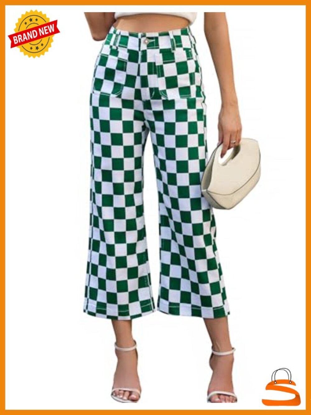High Waisted Straight Leg Cropped Jeans Checkered Pants with Pockets